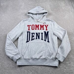 Tommy Hilfiger Hoodie Mens Small‎ Grey Denim Spellout Logo Hooded Sweatshirt
